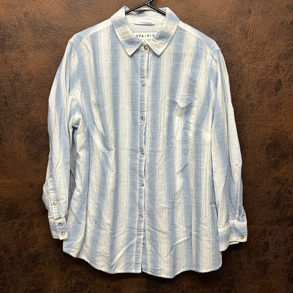 Ava & Viv 2X Blue White Striped Beach Lightweight 3/4 Sleeve Cotton Button Down